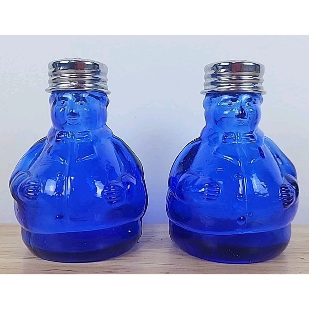 Vtg Cobalt Blue Glass Chef Salt and Pepper Shaker Set 3.25" Fat Men w Bow Tie